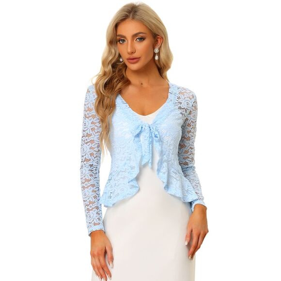 Floral Lace Shrug Tie Front Ruffled Hem Sheer Crop Bolero Cardigan Light Blue - Picture 1 of 6